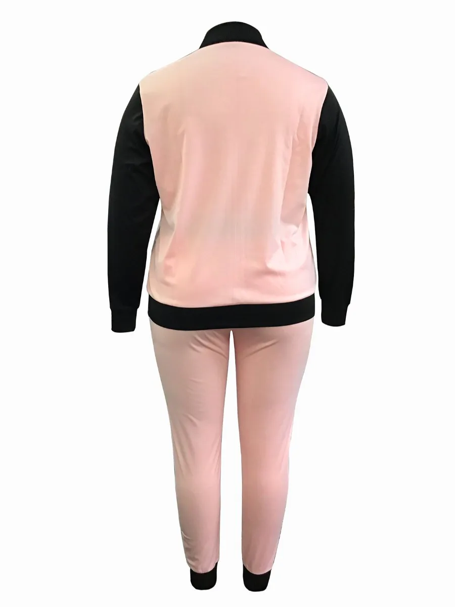 Plus Size Zipper Design Patchwork Pants Set Women Color Block Mandarin Collar Tracksuits Long Sleeve Two Pieces Outfits