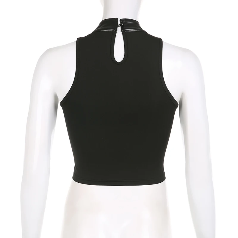 Punk High Street Women Tank Top Leather Buckle Up Sleeveless Zipper Patchwork Crop Vest Tee Hip Hop Club Lady Camis