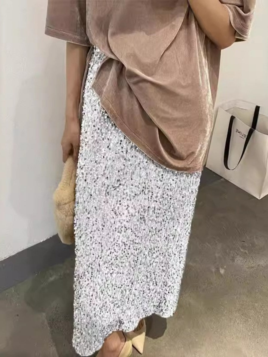 High-waisted, Slimming Sequined Midi Skirt With Elastic Waist, Back Slit, Straight Cut, Long Skirt