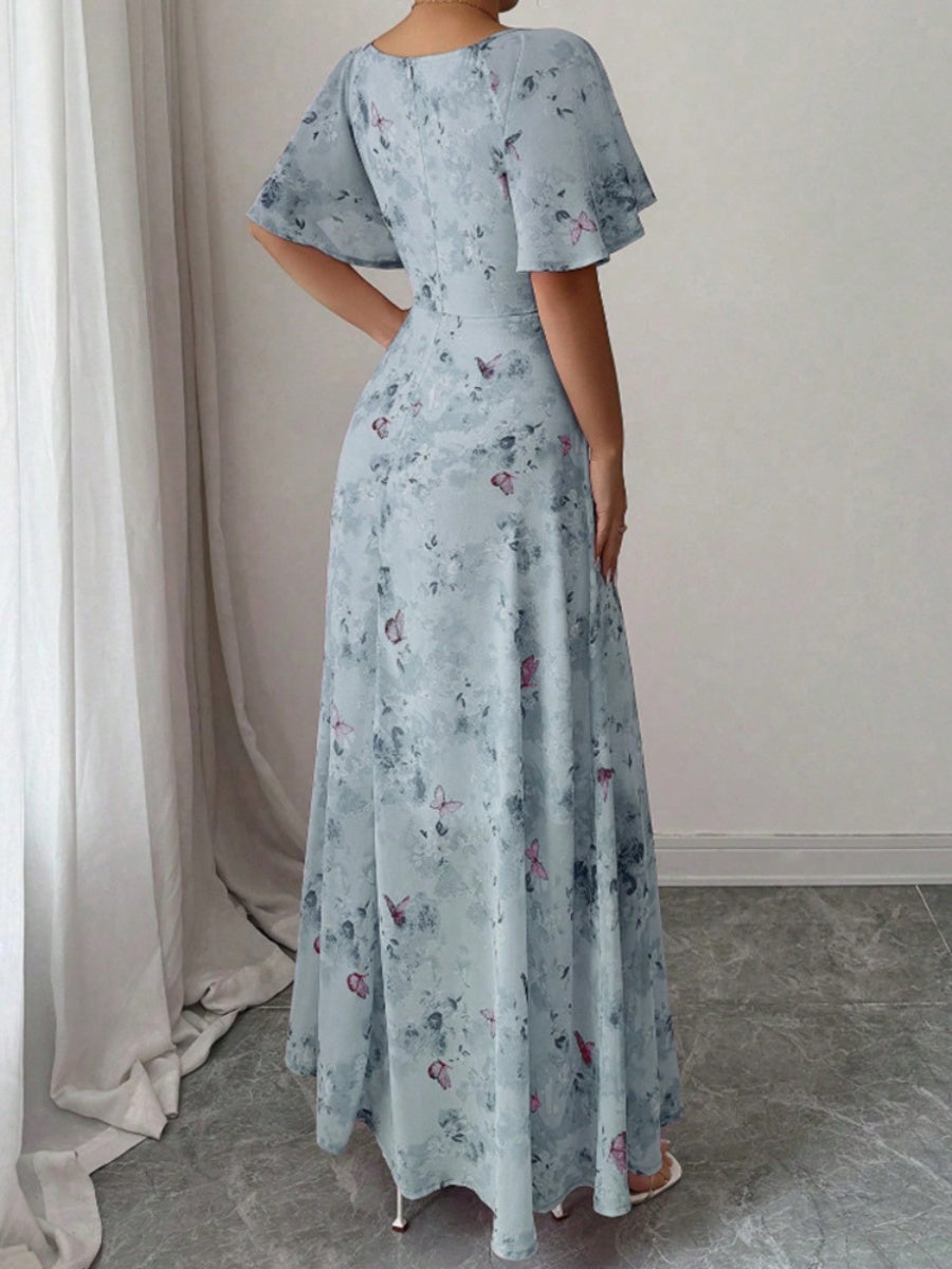 Floral Lotus Leaf Sleeves Sweetheart Collar Vacation And Leisure Maxi Dresses
