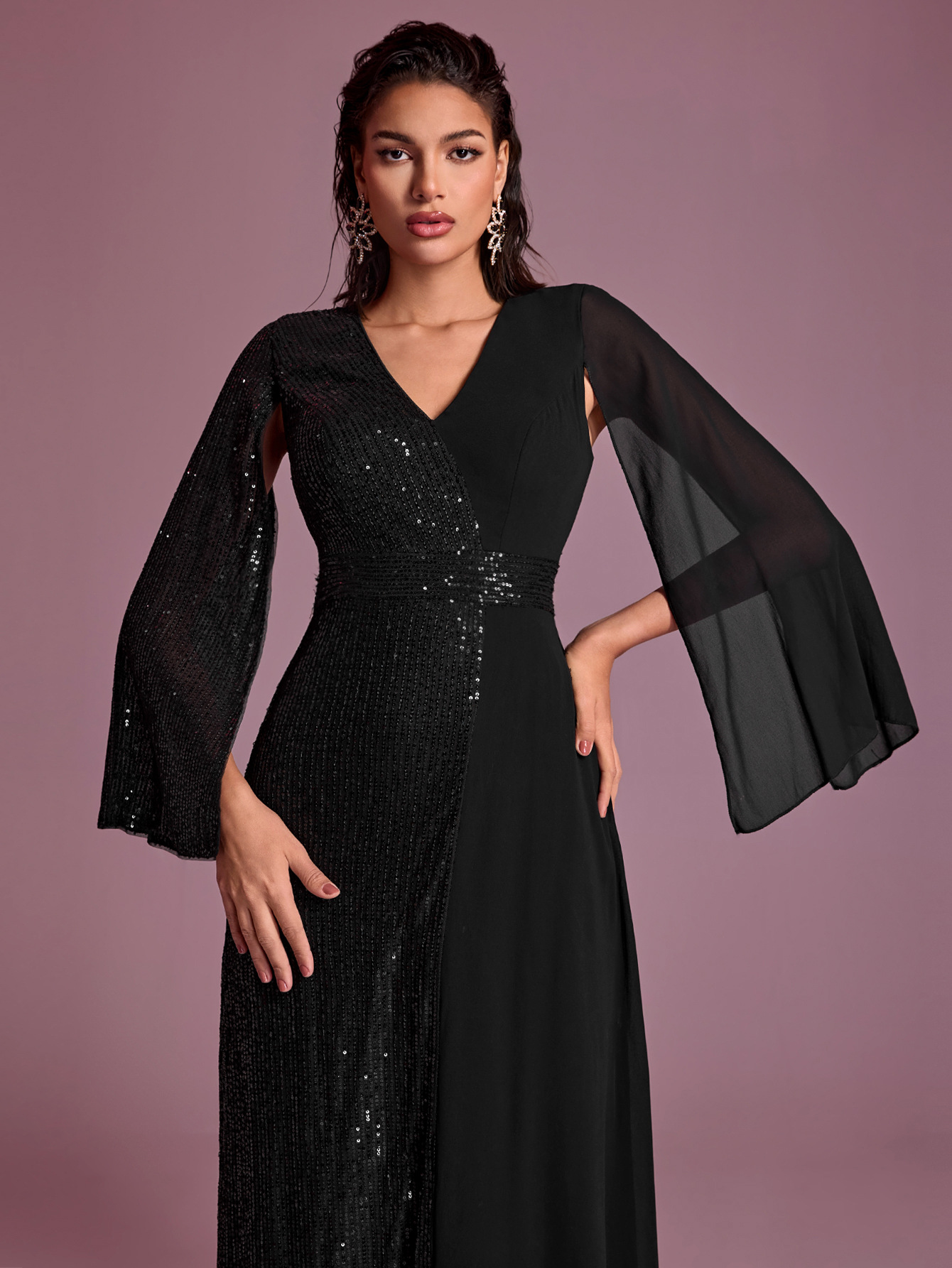 Women Prom Evening Dress Sequin Stitching V neck Split Long Sleeve Party Evening Dress