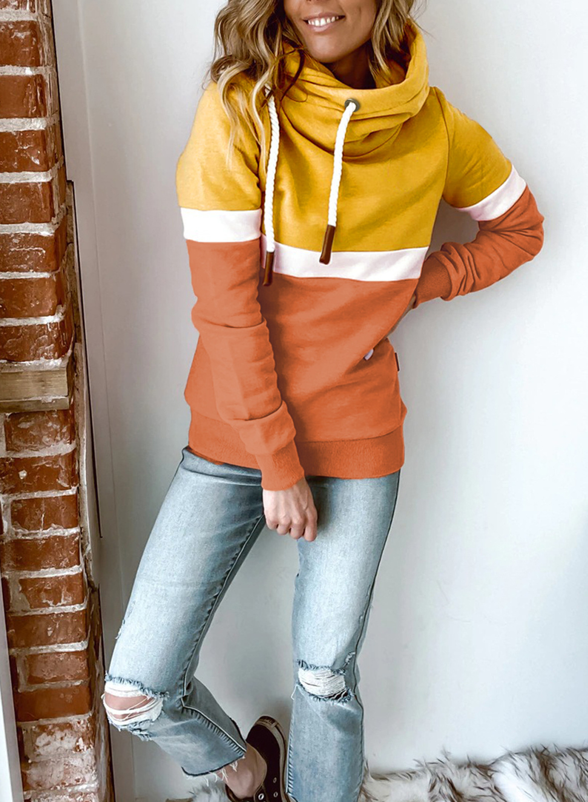 Women Sweatshirt Autumn Winter Solid Color Stitching Casual Pullover Hooded Sweatshirt for Women