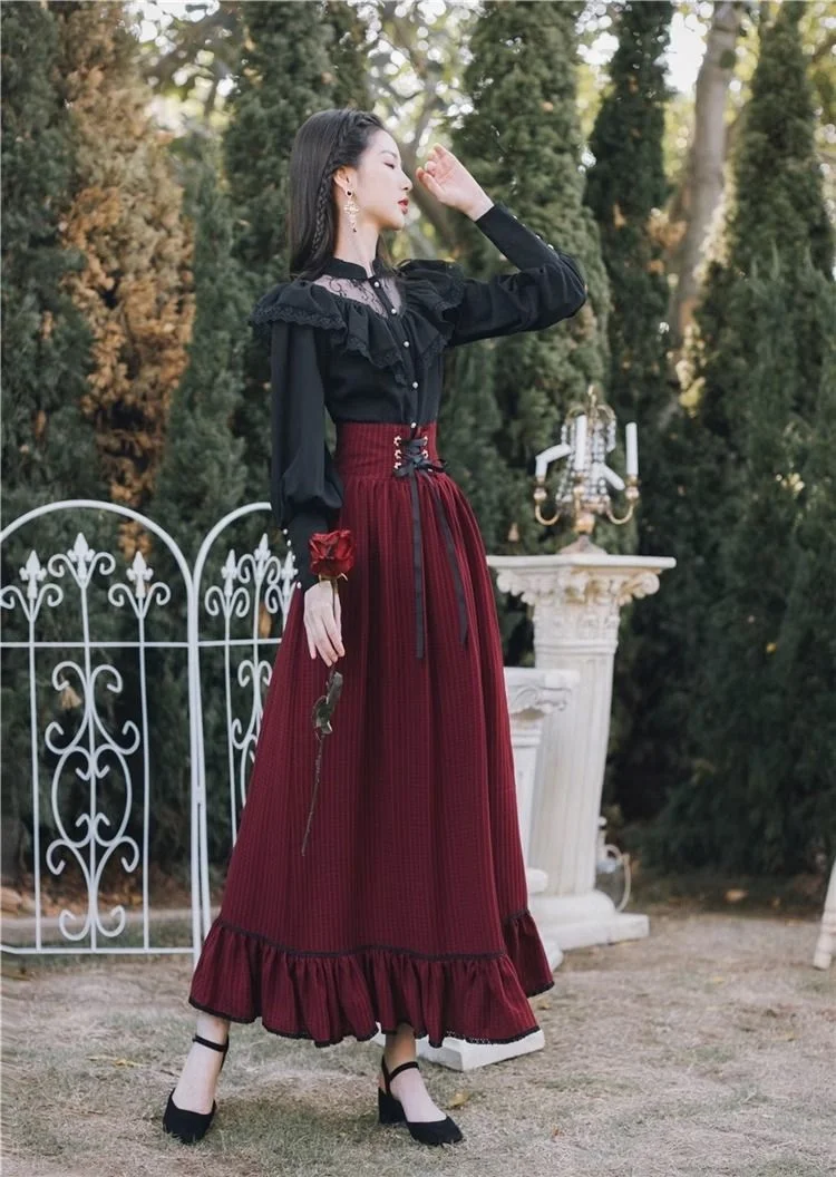 Vintage Gothic Two-Piece Skirt Sets Women Black Lace Ruffle Blouse Lace-up Midi Skirt Autumn New Court Retro Suits Y2k Outfits