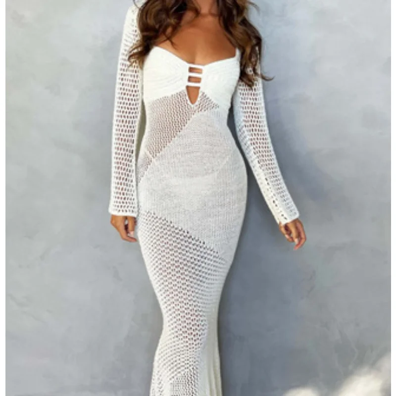 Hollow Out Knit See-Through Maxi Dress Female Patchwork Backless Lace-Up Slim Fashion Beach Holiday Knitwear Women Dress