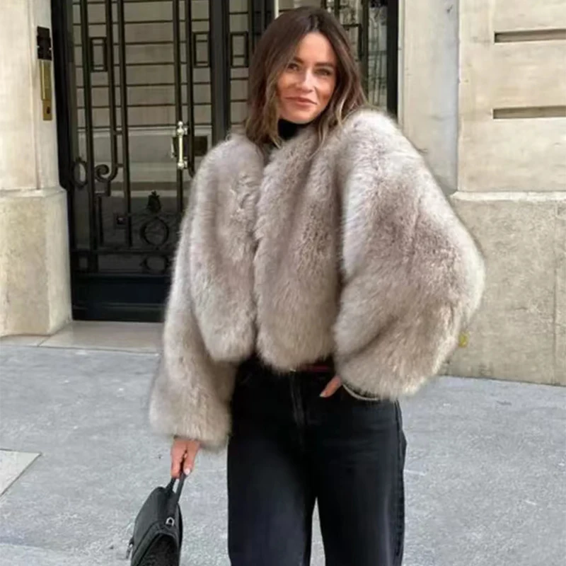 Chic Street Blogger Fashion Girls Winter Trendy Faux Raccoon Fox Fur Coat Jacket Women Thick Warm Cropped Fluffy Overcoats