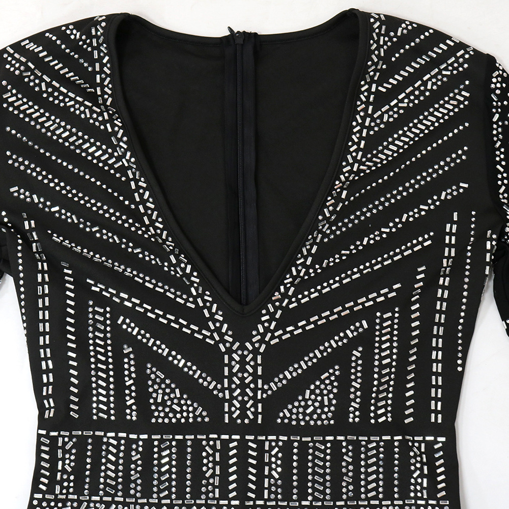 Sexy Deep V Plunge-neck See-through Polyester Mesh Long Sleeve Stitching Straight Slim Fit Bodysuit Women Clothing
