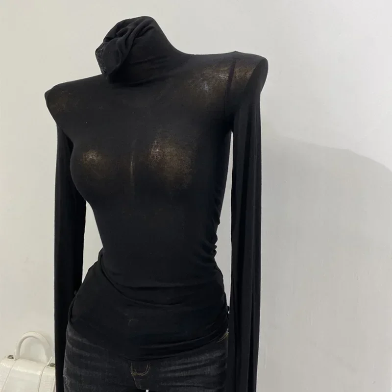 Thin Soft American Long Sleeve T-shirt High Stacked Neck Tight Perspective Bottom Shirt Women's Slim Fit Tops Sexy Streetwear