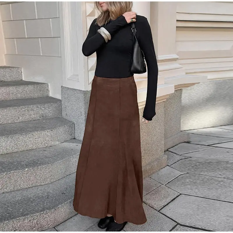 Vintage Suede Brown Skirts Women Fashion Pleated Slim Zipper Office Lady Skirts Elegant Female High Waist Party Wear New