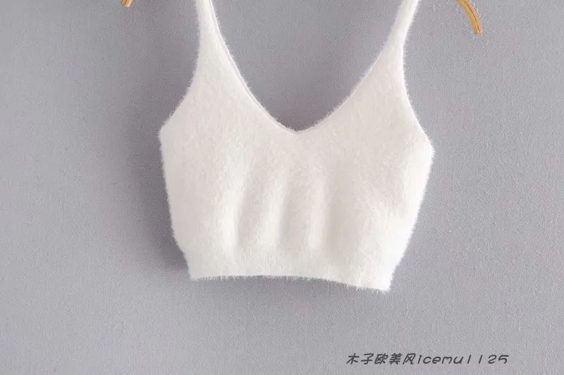 Women's 3-piece Set Korea Style White Cardigan Furry Single-breasted Button Tank Top Knitted Sweater Jumper Shorts Pants Set