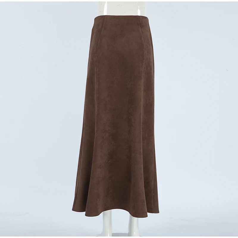 Vintage Suede Brown Skirts Women Fashion Pleated Slim Zipper Office Lady Skirts Elegant Female High Waist Party Wear New