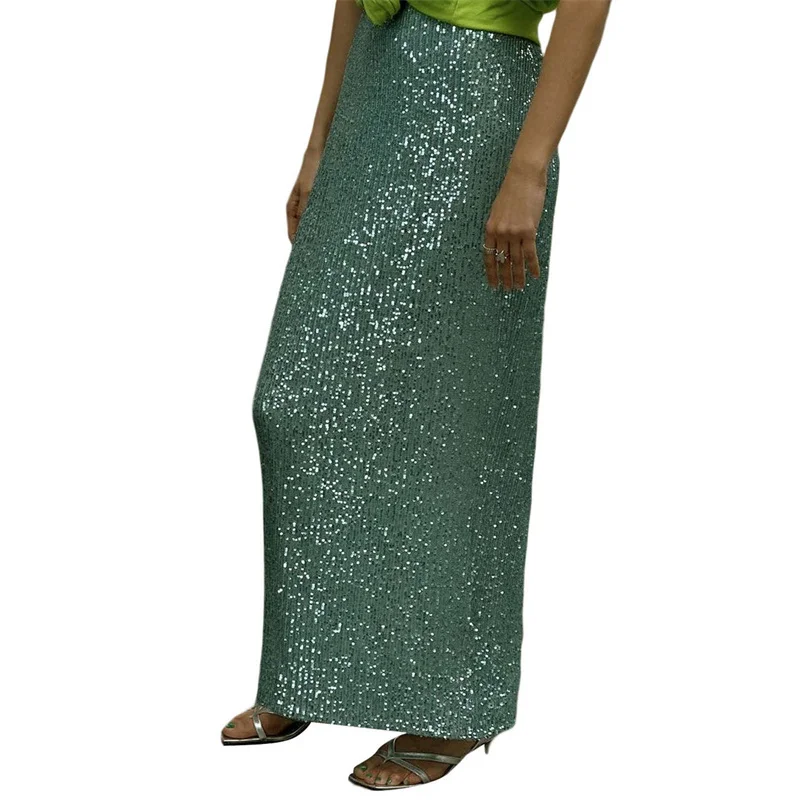 Sequin Long Skirts for Women Solid Color Elastic High Waist Skirt Fashion Elegant Ladies Evening Party Skirt Clubwear