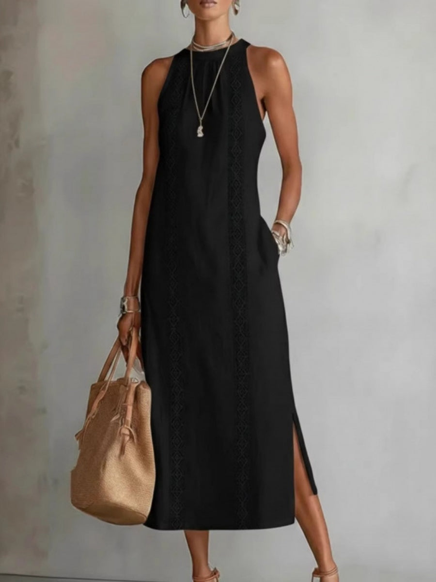 Halter Solid Color Lace Stitching Loose-fit Sundress Maxi Dresses