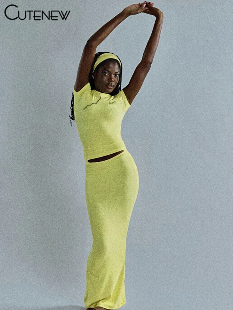 Casual Women Skirts Sets Concise Solid Short Sleeve O-neck Crop Tees+Matching Maxi Bottoms Female Trend Street 2 Piece