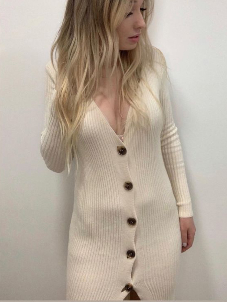 Spring New Knitted Sweater Dress V Neck Long Sleeve Bodycon Midi Dress Cardigan Knitwear Ladies Casual White Dresses 2025