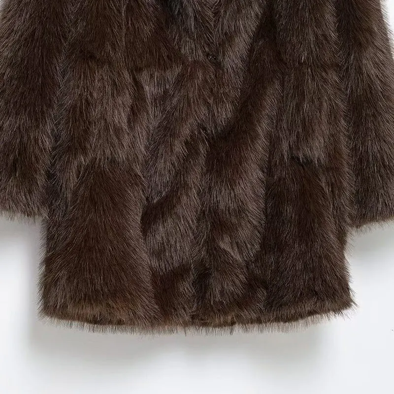 Luxury Brown Faux Fur Jacket Women Oversized Lapel Long Sleeve Fluffy Thicken Coats Female Winter Warm Luxury Streetwear