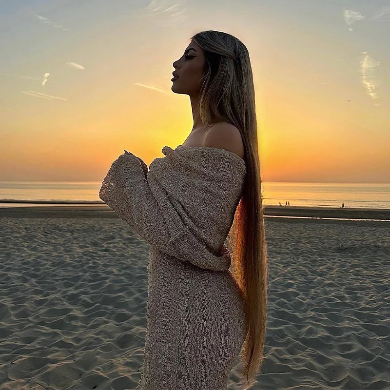 Beach Knitted Off The Shoulder Long Dress Women Slim Flare Sleeve Hollow Out Maxi Dresses 2025 Summer Lady Hip Package Robes