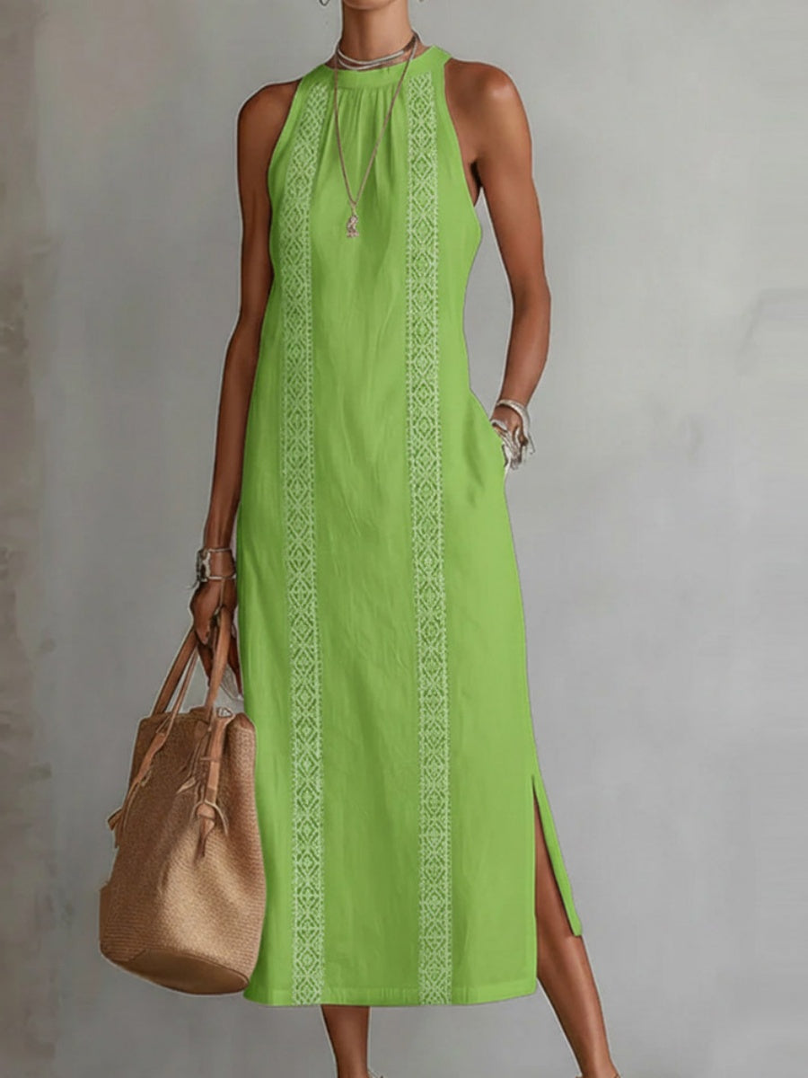 Halter Solid Color Lace Stitching Loose-fit Sundress Maxi Dresses