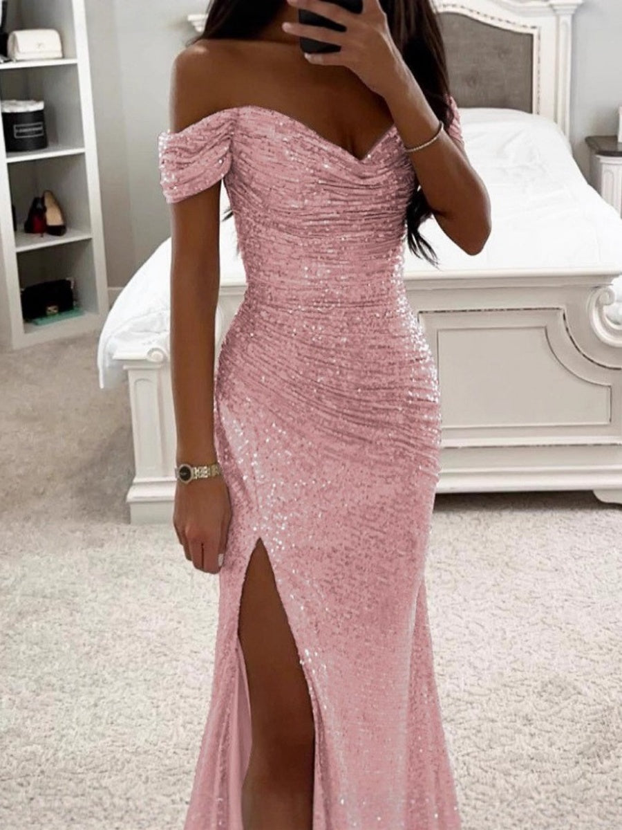 Sequins One-shoulder Collar Slit Pleated Maxi Dresses