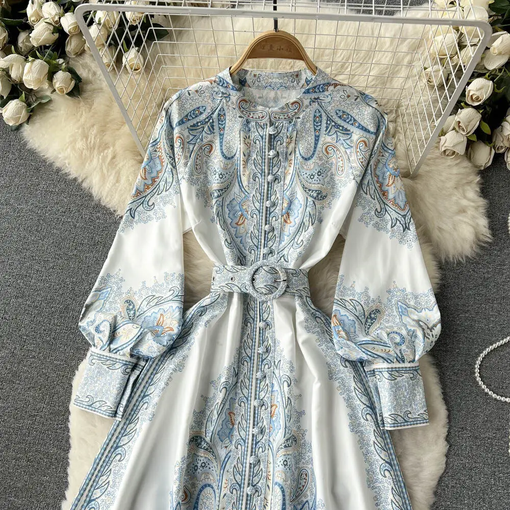 New Women Vintage Party Dress Fashion Long Sleeve Single Breasted Stand Collar Elegant Printed Long Dresses Spring Autumn Robe