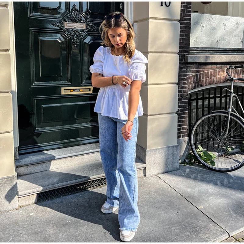 Vintage Lace Up Puffy Sleeve Shirts Women Elegant Solid Backless Square Collar Shirt Female Summer Sweet Fashion Street Tops