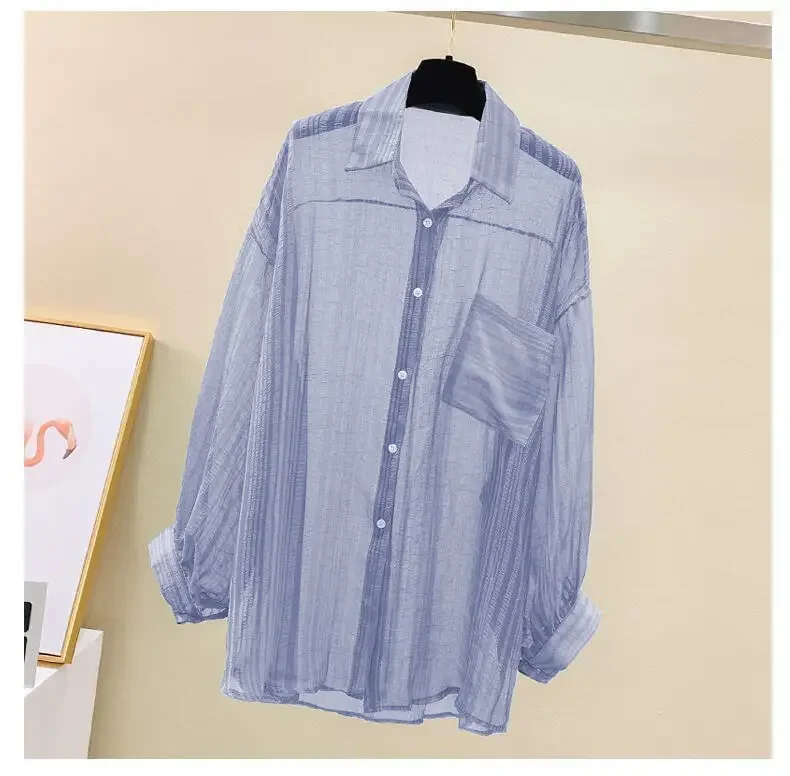 Women Elegant Long Sleeve Perspective Sheer Sunscreen Chiffon Blouse Korean Fashion Loose Shirt Women Summer Beach Cardigans