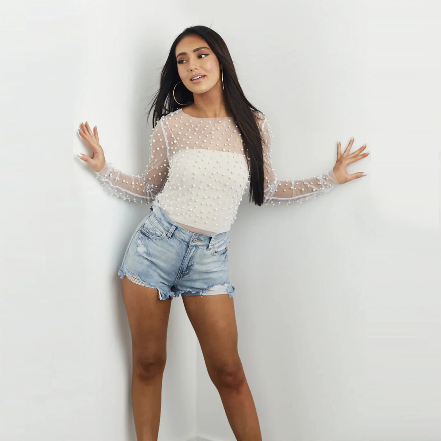 Pearl Mesh See Through T-shirt Women Fashion Long Sleeve Pullover Blouse Ladies Summer U Neck Sexy Tee Shirt Tops