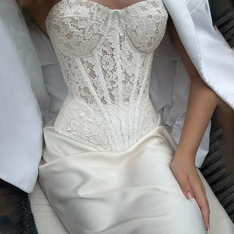 Women's Lace Dress Two Pieces Set Retro Strapless Fish Bones Top Solid Slim Skirt Suit Ladies Elegant Party Dress Sets