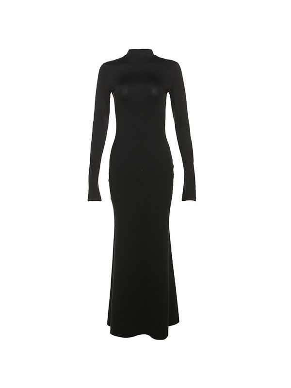 Solid Crew Neck Backless Long Sleeve Maxi Dress