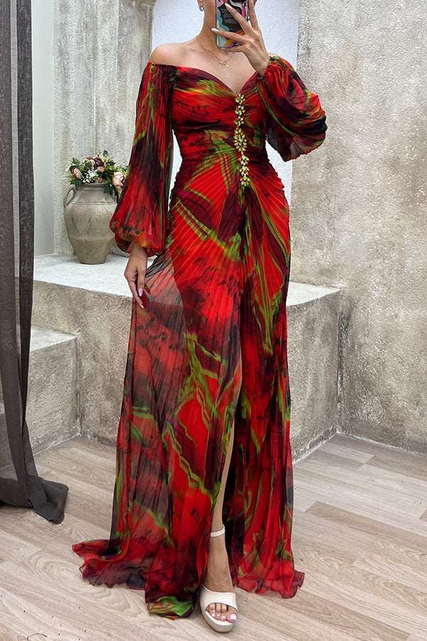 Sunset Serenade Printed Off Shoulder Embellished Pleated Slit Maxi Dress