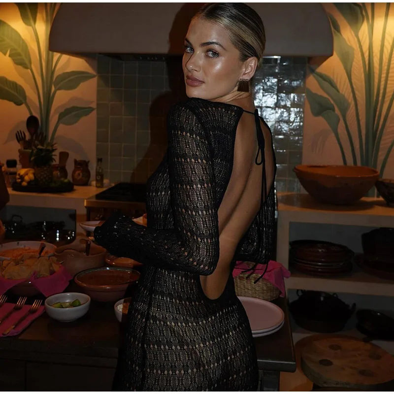 Sexy Hollow Out Knitted Maxi Dress Women Long Sleeve O-neck White Black Holiday Dresses Female 2025 Summer Lady Slim Fit Robes