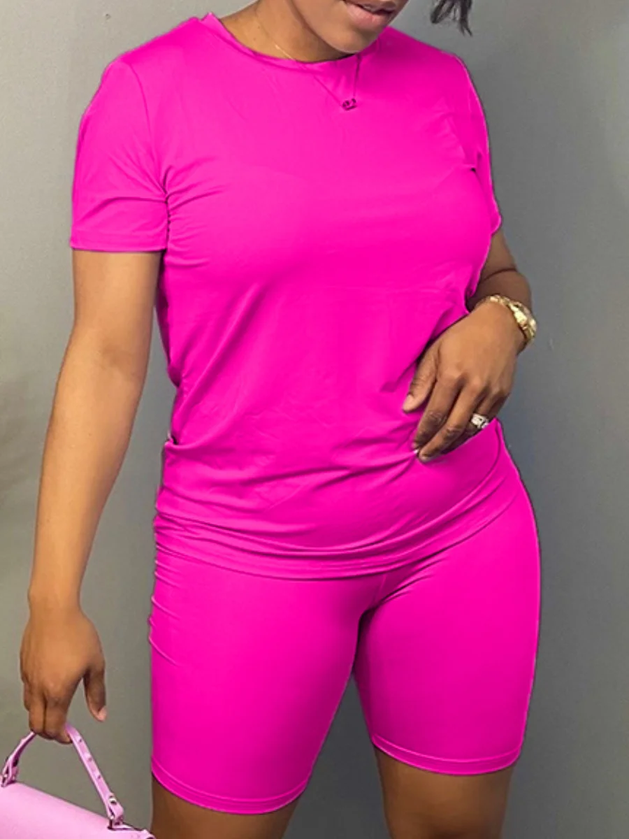 Plus Size Round Neck Regular Fit Breathable Short Sleeve Solid Women Home Two Piece Sets Tracksuits Outfits