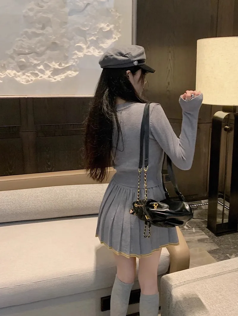 Autumn Knitted Two Piece Skirt Set Women Long Sleeve Single Breasted V-neck Top Mini Pleated Skirt Korean Chic Female Outfit New