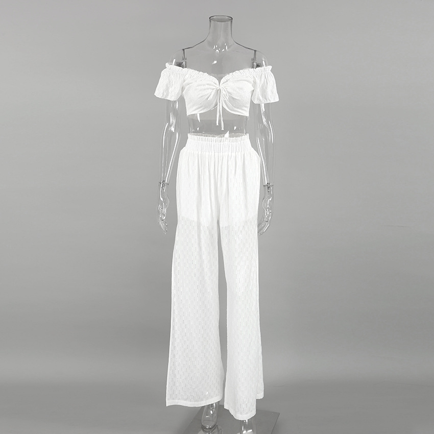 Summer Sexy Pants Set Women Ruffled Stitching Flying Sleeves Jacquard Slit