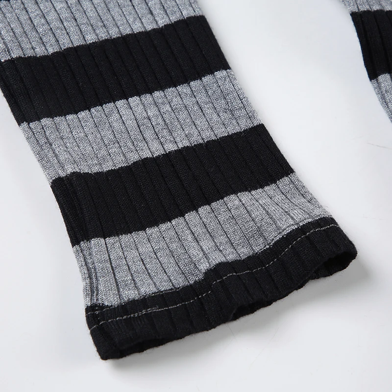 Black Dark Gray Stripe Hooded T-Shirt Women V Neck Slim Long Sleeve Basic Spring Autumn Ribbed Top Preppy Streetwear Tee