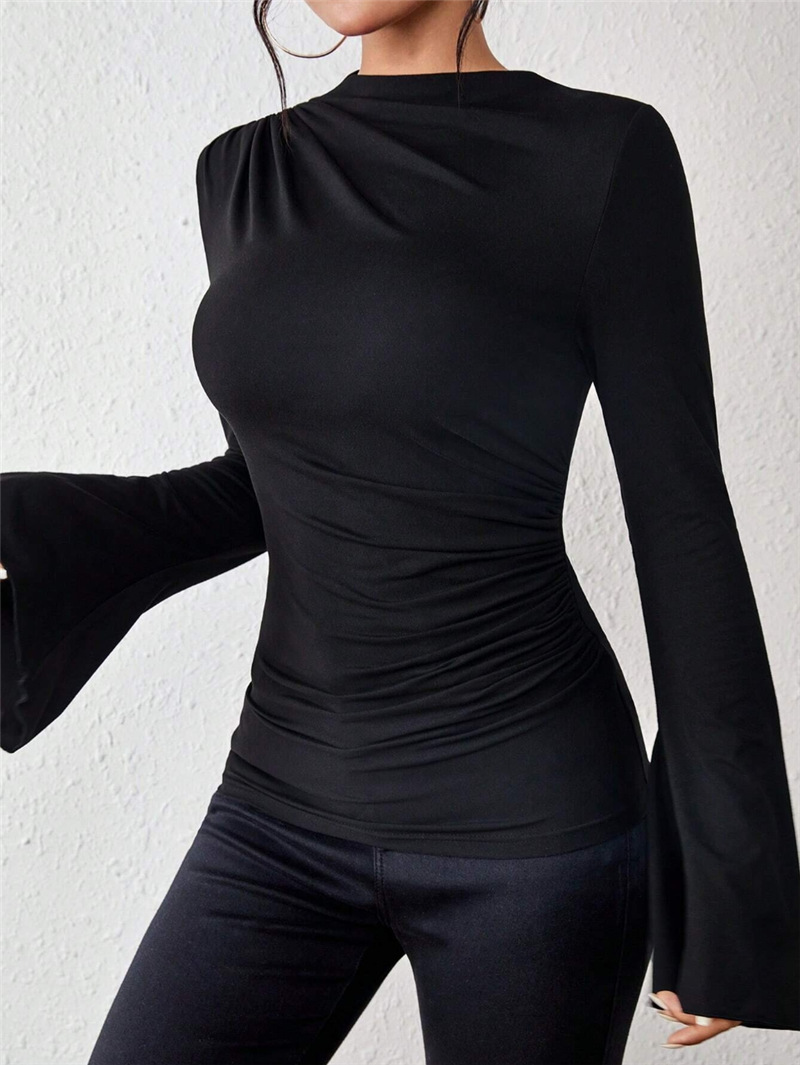 Autumn Winter Pleating Bell Sleeve Stand up Collar Slim Fit T shirt