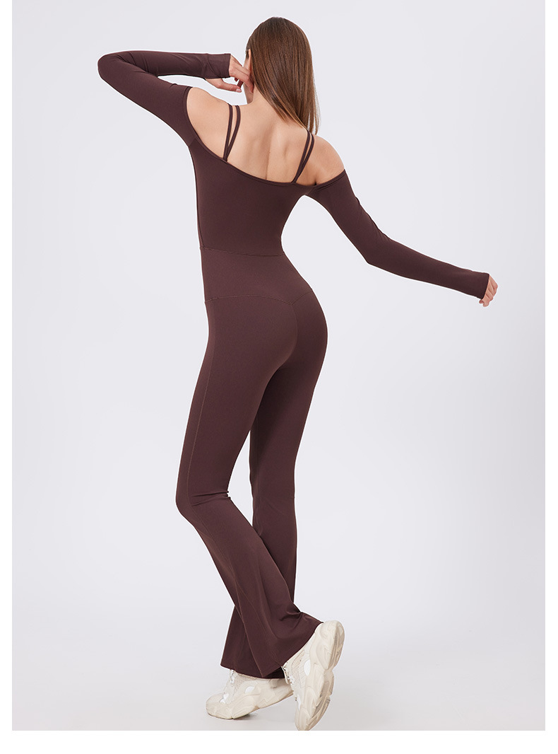 Autumn Winter Tight Nude Feel Yoga Clothes With Chest Pad Long Sleeve Off The Shoulder Sports Fitness Running One Piece Bell Bottom Pants