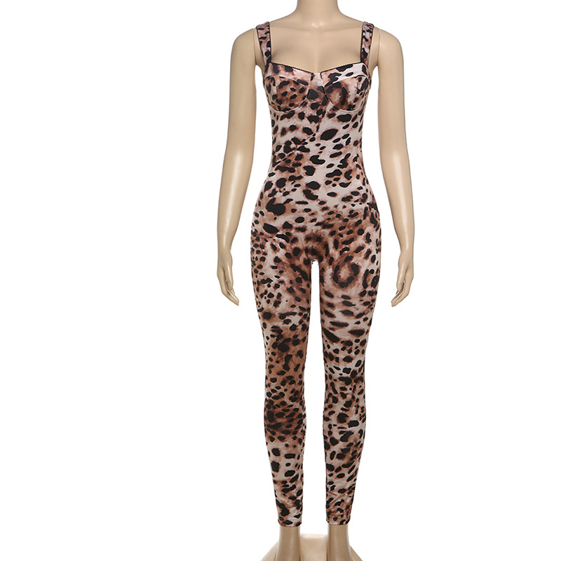 Spring Sexy Sling Backless Leopard Print High Waist Tight Hip Lifting Jumpsuit