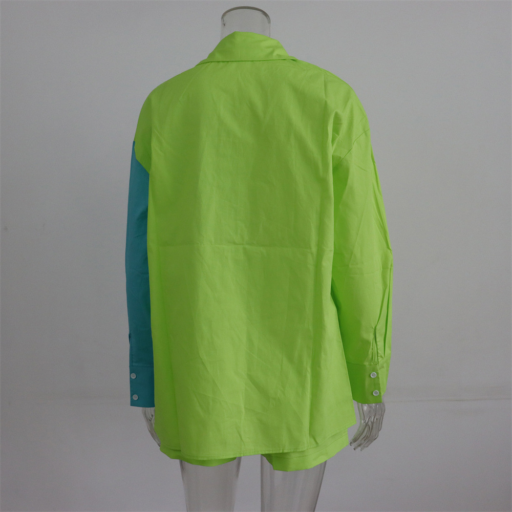 Spring Summer Two Piece Set Solid Color Single Breasted Long Sleeve Collared Shirt Shorts Loose Casual Set
