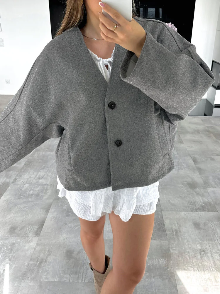 Female Autumn Commute Outwear Pocket Fashion V-Neck Long Sleeve Patchwork Streetwear Solid Cropped Coat Ladies Jacket New