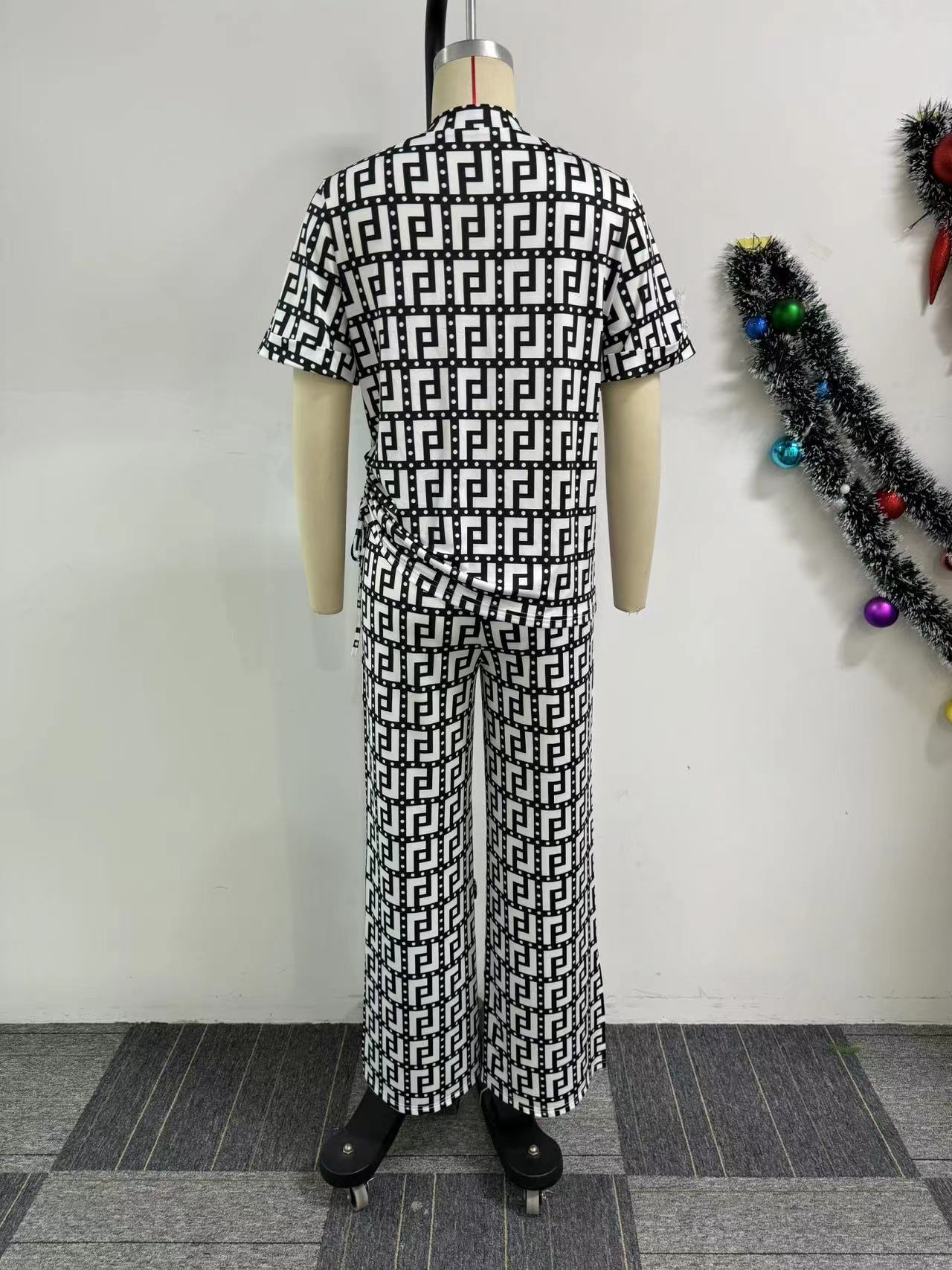 Women Printed V neck Pleating Wide Leg Pants Two Piece Set