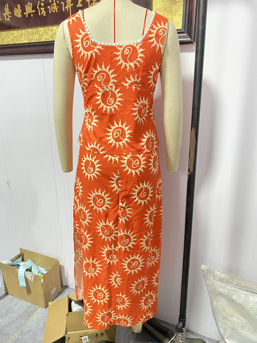 Special for Lace Stitching Square Collar Top Printed Long Skirt Hem Split Long Skirt Set