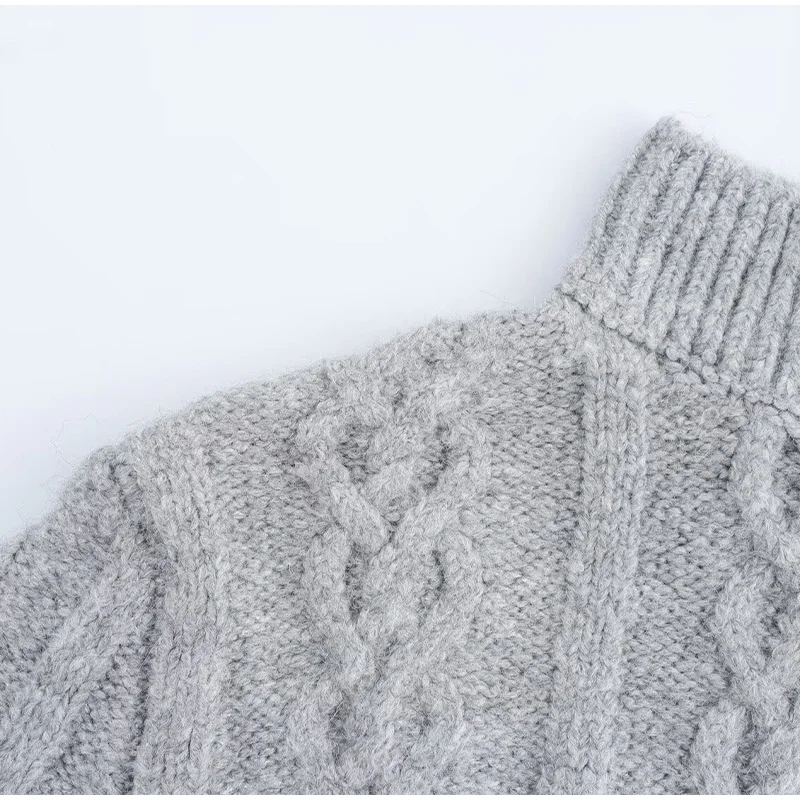Vintage Beading Twist Pullover Women Knit Gray Long Sleeve High Collar Sweater Lady 2025 High Street Lady All-matching Knitwear