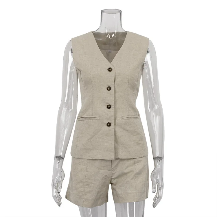 Summer Casual Shorts 2 Piece-Set Female Lace-Up V-Neck Sleeveless Vestidos Top And Women's High Waist Shorts Sets Outfits