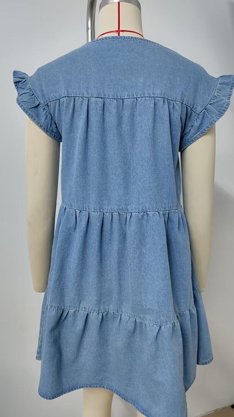 Women Clothing Summer Solid Color Pullover round Neck Denim Dress Loose Casual Dress