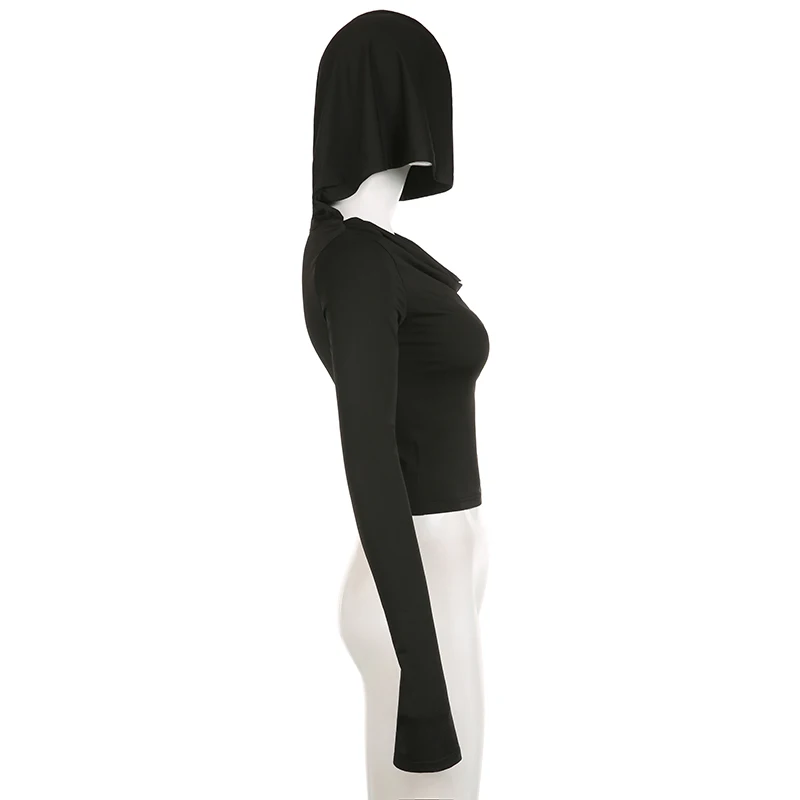 Basic Slim Fit Hooded Crop Top Elastic Long Sleeve Women Black Casual T-shirt Casual Swinging Collar Hoodies Pullover
