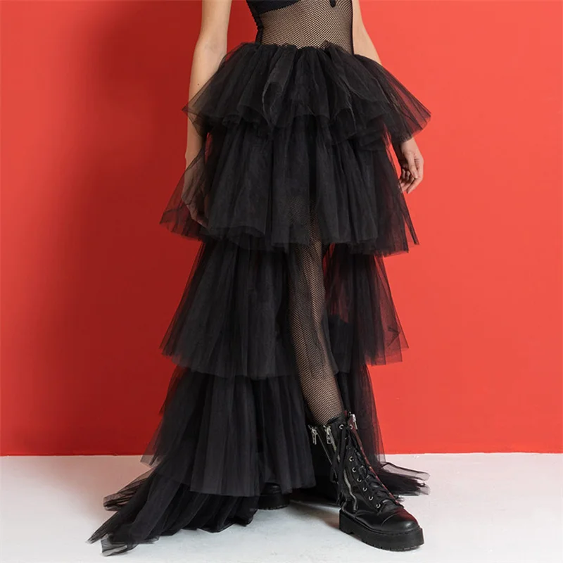 Tulle Skirts Women y2k Solid Color Elastic High Waist Asymmetrical Hem Long Skirts Summer Evening Party Skirt Clubwear