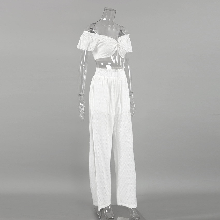 Summer Sexy Pants Set Women Ruffled Stitching Flying Sleeves Jacquard Slit