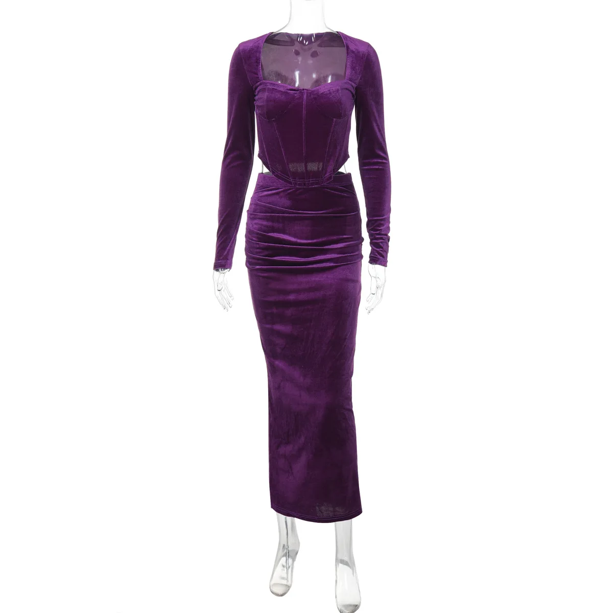 Autumn Scoop Neck 2 Piece-Set Maxi Skirt For Women Patchwork Long Sleeve Slim Luxury Party Looks Female Skinny Outfits New