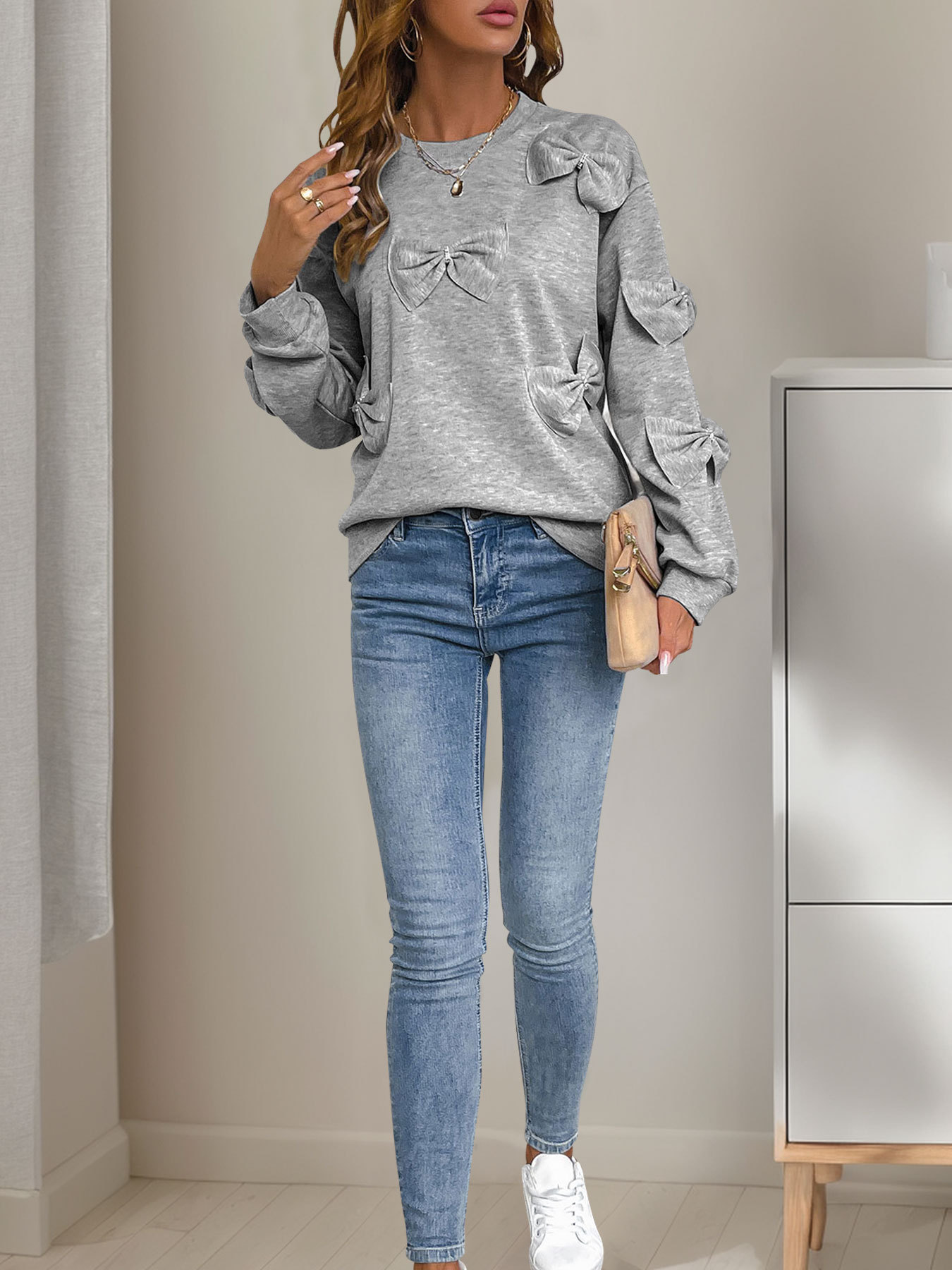 Casual Autumn Bow Stitching Gray round Collar Sweatshirt