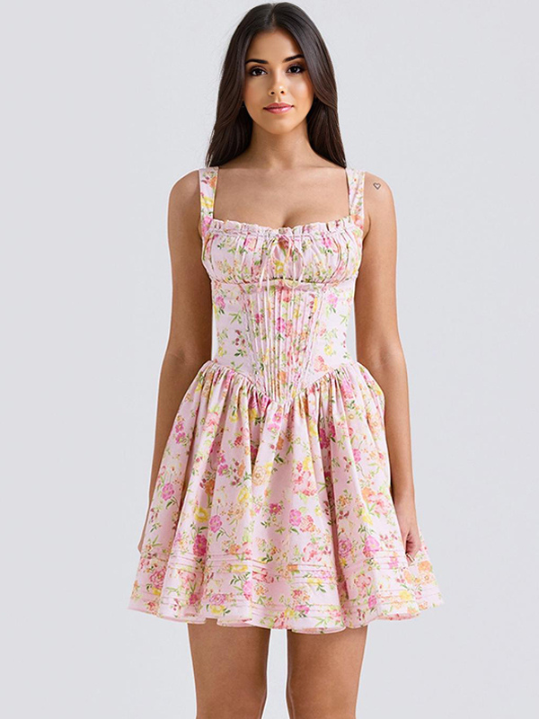 Floral Dress Mini Dresses Lace Up Straps Neck Sleeveless Cottagecore Short Dress